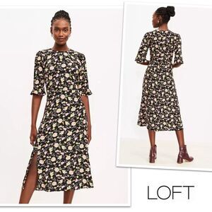 LOFT Black and Pink Floral Midi Dress